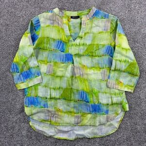 APNY Shirt Women's Large Green Blue 100% Linen Abstract Watercolor Tunic Blouse